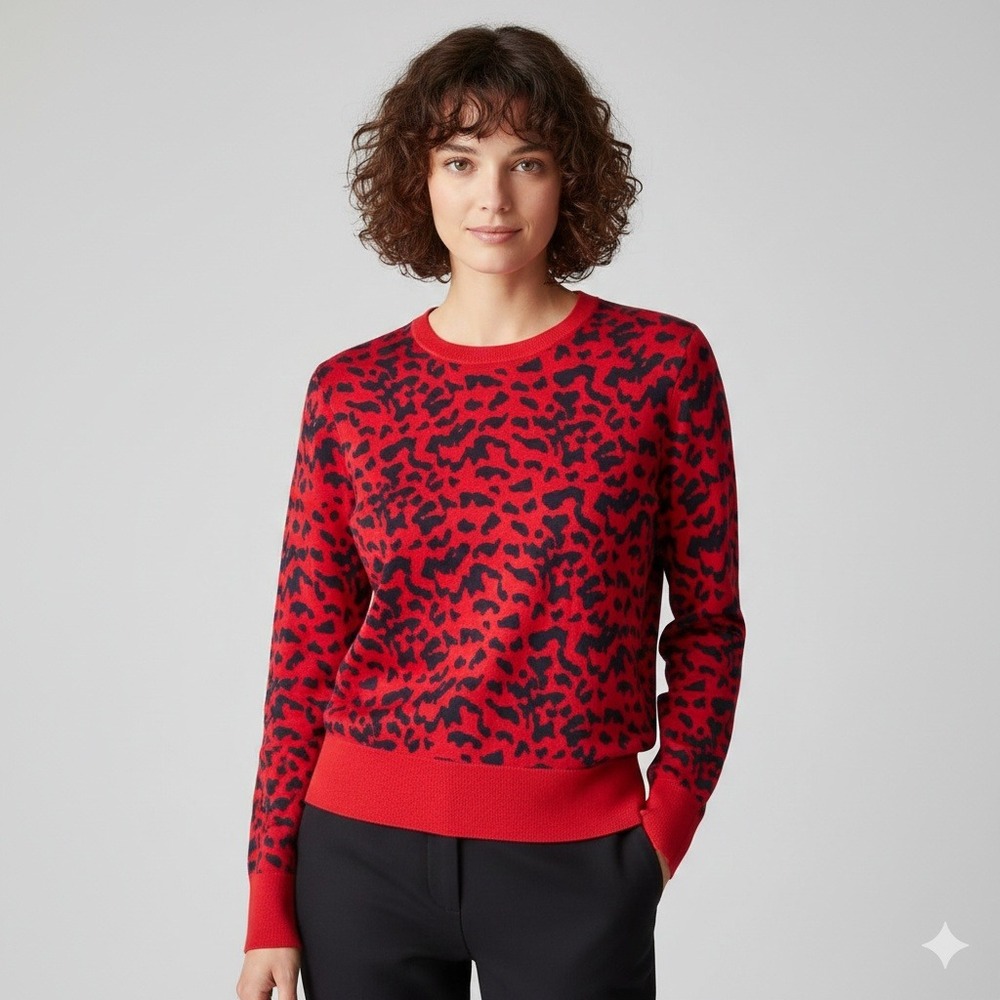 Hugo Boss Womens Red Black‎ Leopard Print Crewneck Long Sleeve Sweater Wool Sz L